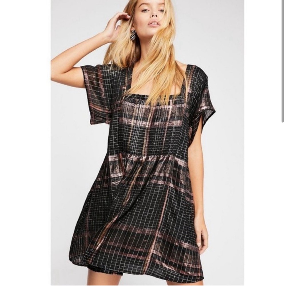 Free People Metallic Plaid Mini Dress Tunic Barcelona Pintuck Lined Breezy Sz XL